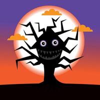 haunted tree, with moon in the background, and on a purple and orange gradient background vector