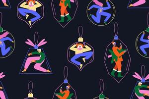Christmas pattern with diverse people carry Christmas tree toy. Seamless New Year pattern in for print, factory, wallpaper. vector