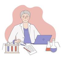 Older woman scientist works on a laptop in a laboratory. A concept of research and discoveries in the fields of chemistry, biotechnology and healthcare. vector