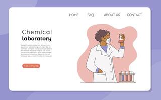 Web banner or landing page of a chemical laboratory. A black woman, a scientist, or a chemist observes a chemical reaction in a flask vector