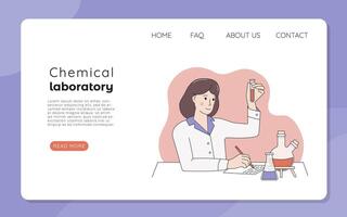 Web banner or landing page of a chemical laboratory. A woman scientist or chemist conducting an experiment vector
