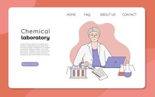 Web banner or landing page of a chemical laboratory. Old woman scientist working at a computer in a laboratory vector