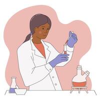A dark-skinned woman scientist conducts an analysis in a laboratory. The concept of research and experiment in the field of chemistry, medicine, biotechnology vector
