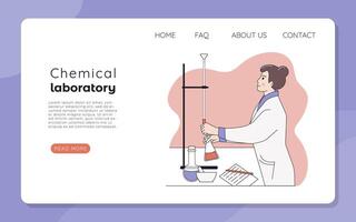 Web banner or landing page of a chemical laboratory. A woman scientist or chemist conducts research behind a titration unit vector