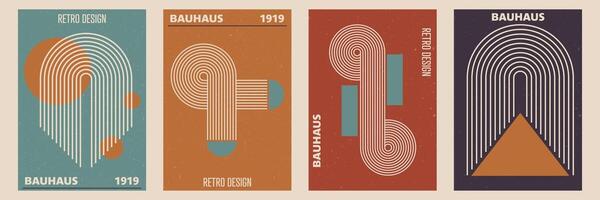 Set of abstract posters with geometric shapes and stripe pattern. background in trendy boho aesthetic. vector