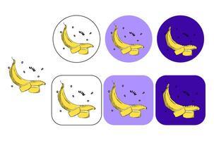 logo for Banana, sliced and whole banana composition graphic logo. Fruity print with riped and overriped bananas on colored circle round and square background vector