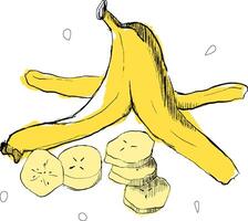 Banana graphic composition with banana skin and slices for serving illustration vector