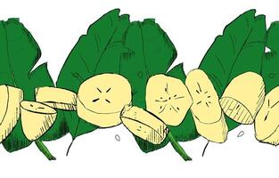 Pieces of banana with green leaves graphic seamless border, pattern vector