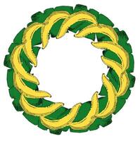 Yellow banana frame with leaves. Exotic fruit round circle template. Retro illustration. Place for your text. Design for invitation, banner, card, poster, flyer vector
