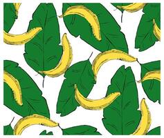Seamless stylish pattern with fresh yellow bananas on green leaves background in graphic style. Bananas pattern for cloth, textile, wrap, tshirt, bermudas and other design. vector