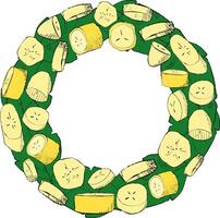 Tropical round circle frame with palm leaf and banana slices. Party invitation, sale poster, banner. Hand drawn graphic illustration with a text place. illustration vector