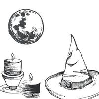 Halloween, witch or wizard hat, full moon and burning candles on candlesticks. Halloween illustration. All objects are hand-drawn with ink. Suitable for printing on fabric, paper, for postcards vector