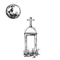 Old tombstone with cross, cemetery and full moon in the sky. Halloween illustration. All objects are hand-drawn with ink. Suitable for printing Halloween cards, party invitations vector