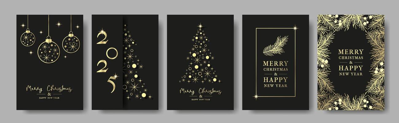 Merry Christmas, Happy New Year Traditional corporate holiday black cards. Modern Elegant Gold Poster template set with Christmas tree, star, snowflake, copy space, ball, glow. Design Concept.