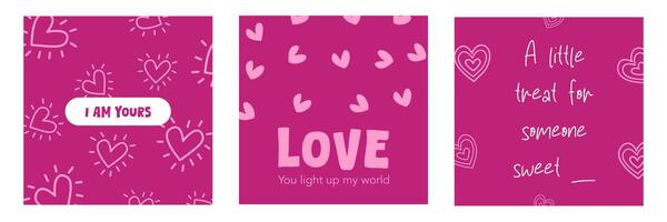 Set of Trendy Happy Valentine's Day with romantic cute pink heart in purple square background vector