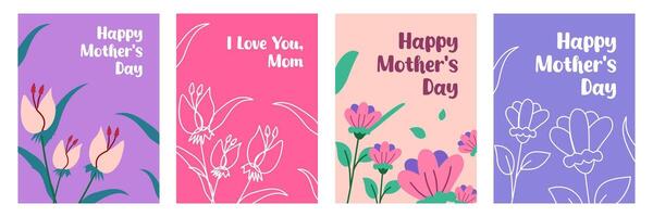 Trendy Mothers Day vertical template card set with lines and flower on colorful background vector