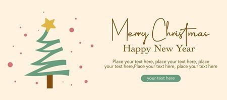 Trendy Merry Christmas, Happy New Year, holiday greeting card with simple art, typography, tree and snow pattern illustration on cream background vector