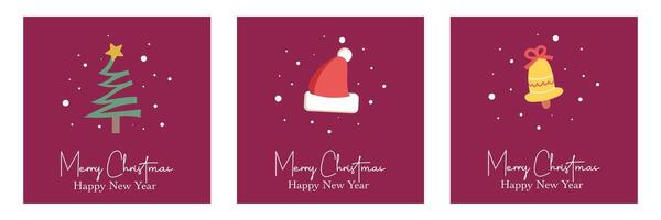 Trendy Merry Christmas, Happy New Year, holiday greeting card Set with simple art, typography, tree and snow pattern illustration on red background vector