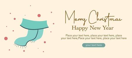 Horizontal Merry Christmas, Happy New Year, holiday greeting card with cute simple art, typography, winter syal and snow pattern illustration on cream background vector
