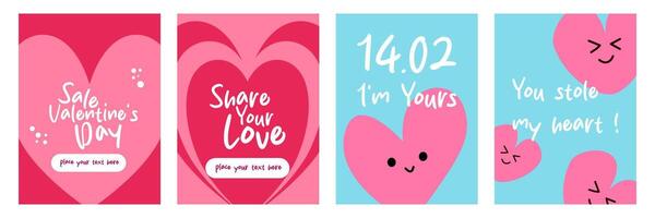 Set of Trendy Happy Valentine's Day with cute pink heart and simple shapes in blue background template vector