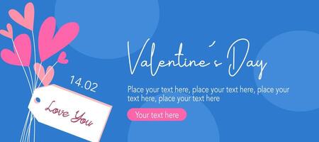 Happy Valentine's Day template with pink heart balloons and simple tag shapes in blue background vector