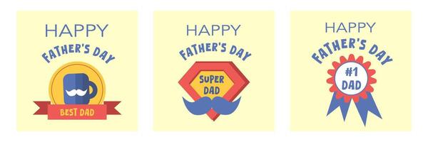 Set of Happy Father's Day square greeting cards with tags, symbol in simple yellow background for social media vector