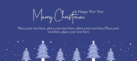 Creative Merry Christmas, Happy New Year greeting card template with tree and snow pattern illustration on blue background vector