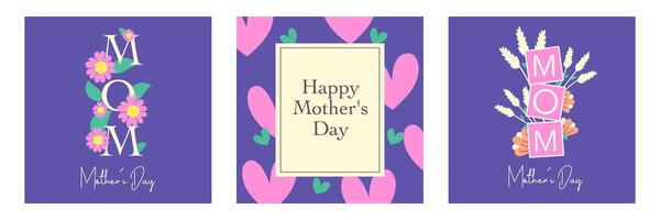 Trendy Mothers Day square template card set with heart and flower on purple background vector