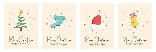 Merry Christmas, Happy New Year, holiday greeting card Set with simple art, typography, tree and snow pattern illustration on cream background vector