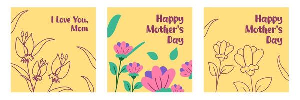 Trendy Mothers Day template card simple set with lines and flower on yellow background vector