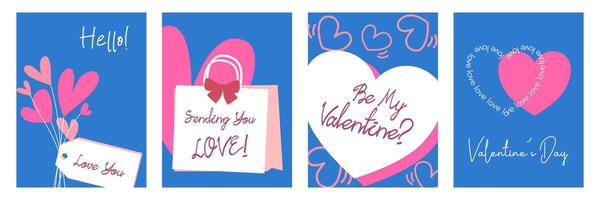 Set of Trendy Happy Valentine's Day with pink heart, simple shapes in blue background vector