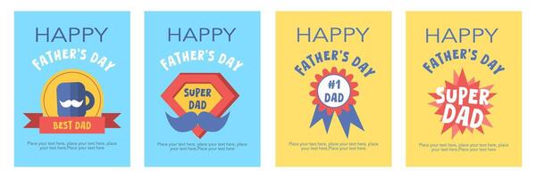 Set of trendy Happy Father's Day greeting cards with tags, symbol in minimal blue and yellow background vector