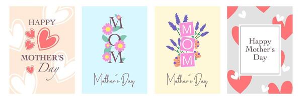 Trendy Mothers Day vertical template card set with heart and flower on pastel colorful background vector