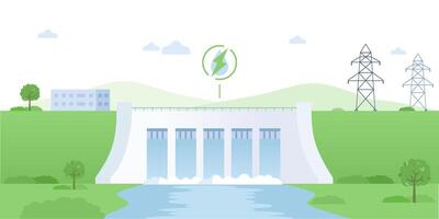 Illustration of a hydroelectric dam generating sustainable energy, surrounded by nature. Dam with turbines as nature-friendly and sustainable resource generation type illustration. vector