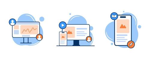 Learning activity icon illustration. Online education icon set. Containing data presentation, learning, online course, and e-book reading. Educational website and digital education icons. vector