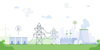 Power grid with electricity distribution wiring from station outline concept. Energy supply lines with towers, generator, and atomic utility illustration. Nuclear reactor with infrastructure. vector