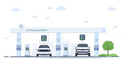 Two electric cars charge simultaneously at a station with city silhouette in the background. Battery levels indicator UI are at 60. Perfect for sustainable transportation and reducing emissions. vector