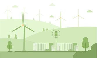 Green energy infrastructure illustration. The wind farm with multiple turbines. Energy storage facilities with battery icon. renewable power generation and storage in rural settings. vector
