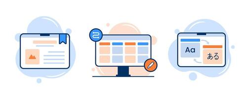 Learning activity icon illustration. Reading an e-book on the tablet, kanban board scheduling, and translating a word on the website translator. Educational website and digital education icons. vector