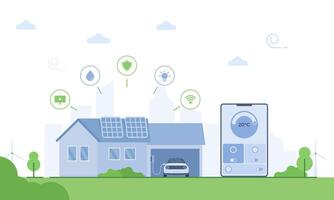 A Smart home concept with a house equipped with solar panels, electric car charging station, and controlled by a smartphone app. Features include temperature control, security, and energy efficiency. vector