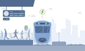 front view of the electric commuter train at the station. The commuter train arrives at a platform, and passengers board and disembark. A digital display shows departure times and destinations. vector