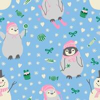 Cute penguins in winter hats, snowman, sweet food, snowflakes seamless pattern. Fun Christmas repeat pattern for paper, textile design. vector