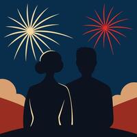 Silhouettes of Couple Under Fireworks Display vector