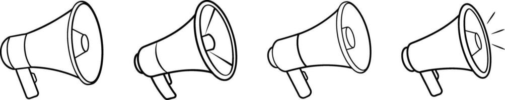 An image depicts four black and white line drawings of megaphones facing different directions. One of the megaphones has sound radiating from it. vector