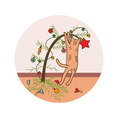 A red kitten hung on a Christmas tree and smashed toys, hand-drawn in the style of a doodle on a white background. For the design of postcards, invitations, stickers.