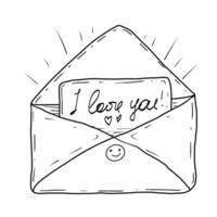 A black and white line drawing of an open envelope containing a note with the handwritten message I love you and small hearts. vector