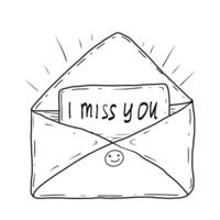 A simple black and white line drawing of an open envelope with a card that says I miss you in bold handwritten letters. The envelope features a smiley face on the flap, expressing warmth. vector