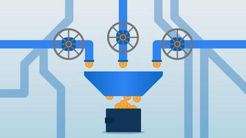 Multiple income streams, revenue from invest, business profit and passive income concept with coins coming out of the pipe vector