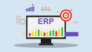 ERP Software Enterprise resource planning system concept for business operations efficiency with monitor in flat vector