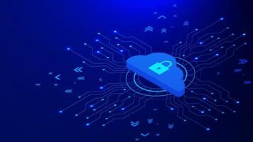 Cloud computing technology, big data storage and server concept with circuit board isometric on dark blue vector